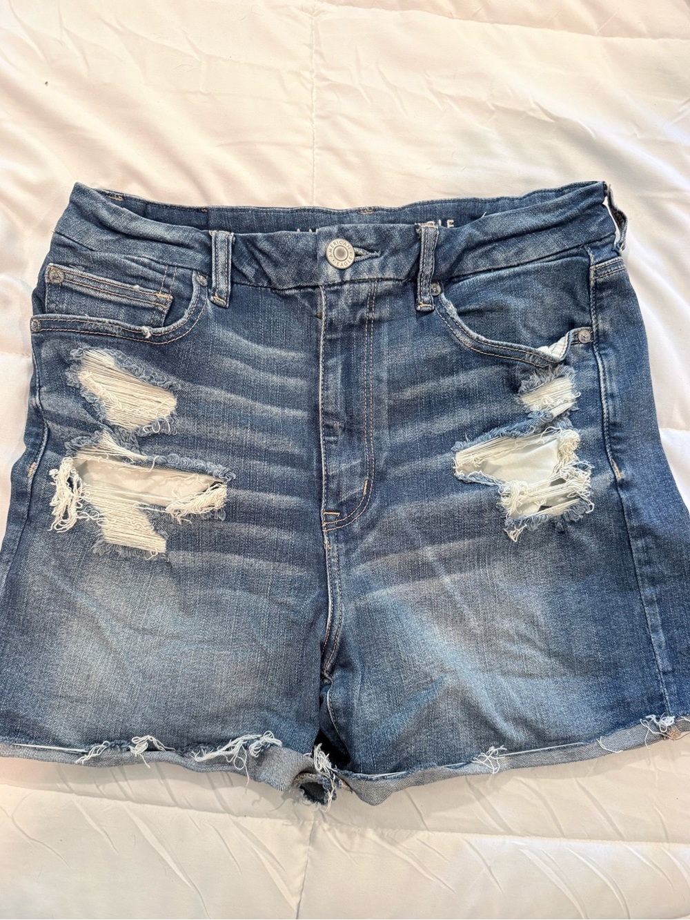 High-Rise Distressed Denim Shorts - Medium Blue